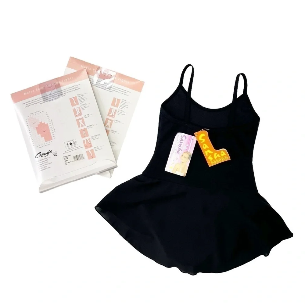 Sansha Tiara Ballet Leotard Dress Black Size B = 4 + Capezio Tan Tights New NWT